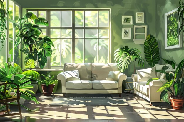 Photo interior of living room with green houseplants and sofas