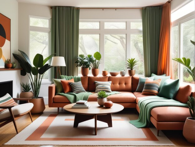 Photo interior of living room with houseplants and sofas