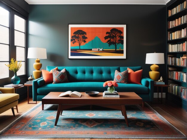 Photo interior of living room with houseplants and sofas