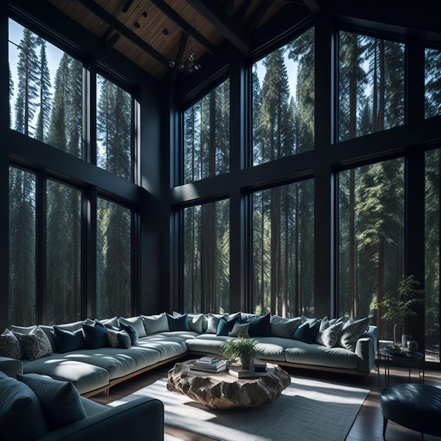 interior living room with large windows and overlooking the forest views