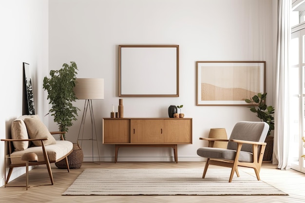 Interior of a living room with a mockup picture frame on the wall vases and lovely furniture