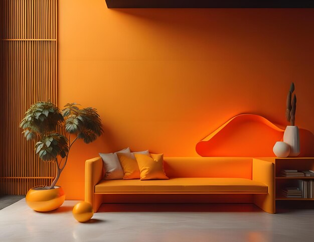 Interior of living room with orange walls concrete floor orange sofa with yellow cushions and plant in vase generative ai