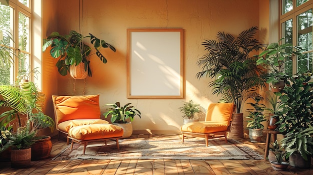 Interior of living room with orange walls wooden floor yellow armchairs and plants Mock up poster fr