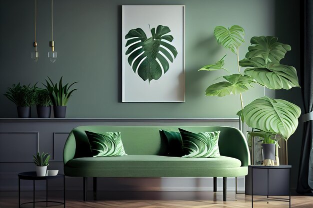 Interior of a living room with a plant on a table and a poster above Generative Ai