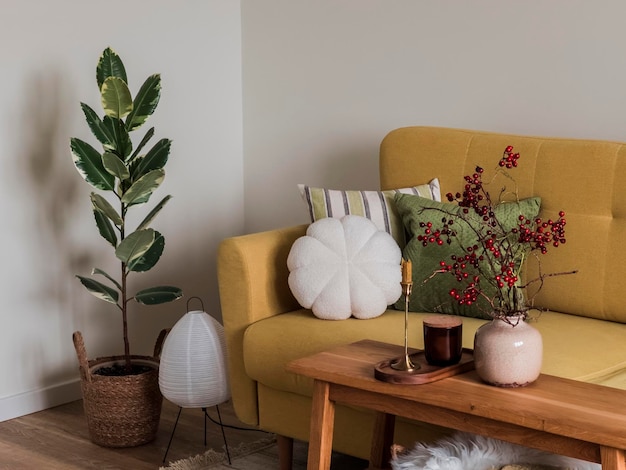 The interior of the living room with a sofa a bench with decor a carpet on the floor and a homemade flower in a basket