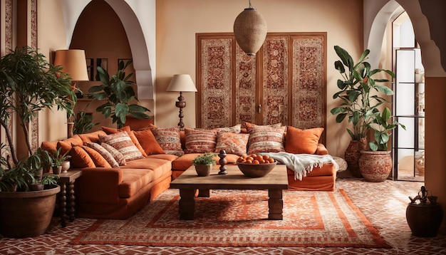interior of living room with sofa coffee table and decorative plants