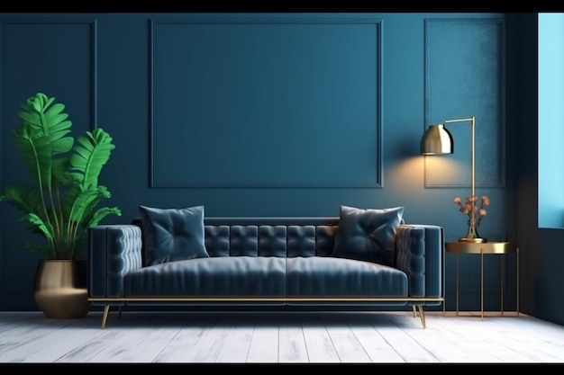 Interior of living room with sofa on empty dark blue wall