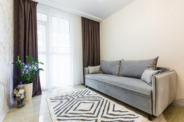 Interior of the living room with sofa and kitchen