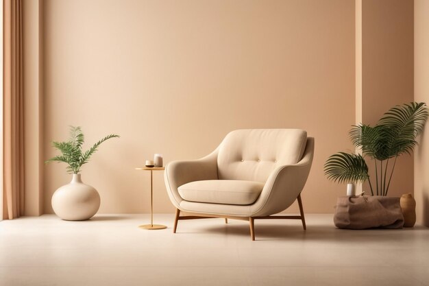 Interior of living room with white leather armchair wooden triangular coffee table and the brown wa