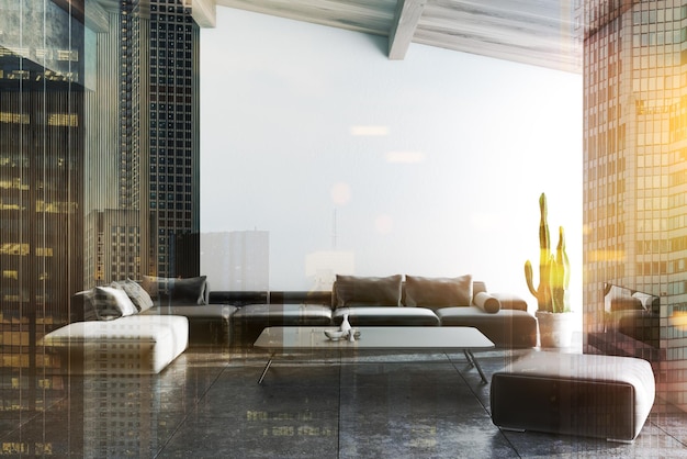 Интерьер гостиной с белыми стенами, кафельным полом, длинным серым диваном, стоящим возле журнального столика и камином. 3D рендеринг тонированного изображения с двойной экспозицией