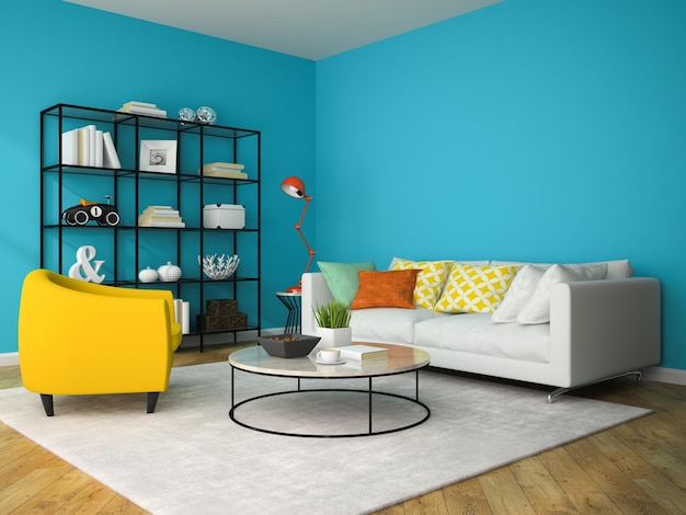 Interior of living room with yellowarmchair 3d rendering