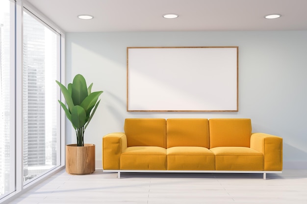 Interior of loft living room with white walls, white wooden floor and long yellow sofa with horizontal poster above it. 3d rendering mock up