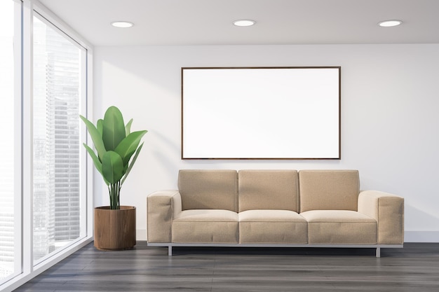 Interior of loft living room with white walls, wooden floor and long beige sofa with horizontal poster above it. 3d rendering mock up