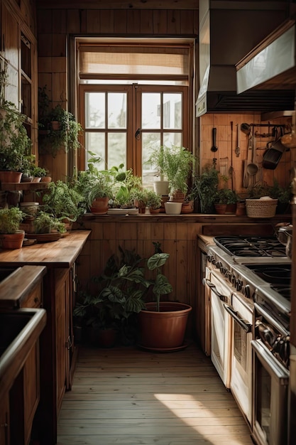 The interior of the loftstyle kitchen with lots of green potted plants Green house modern kitchen ai generated