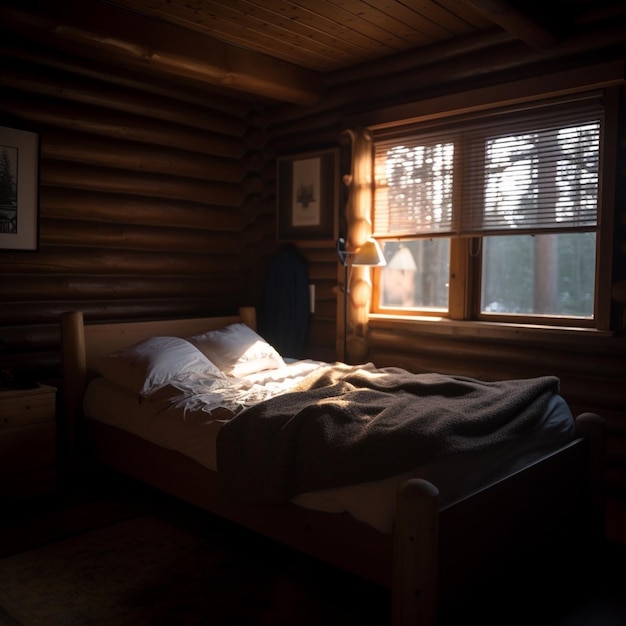 interior of a log cabin in the woods