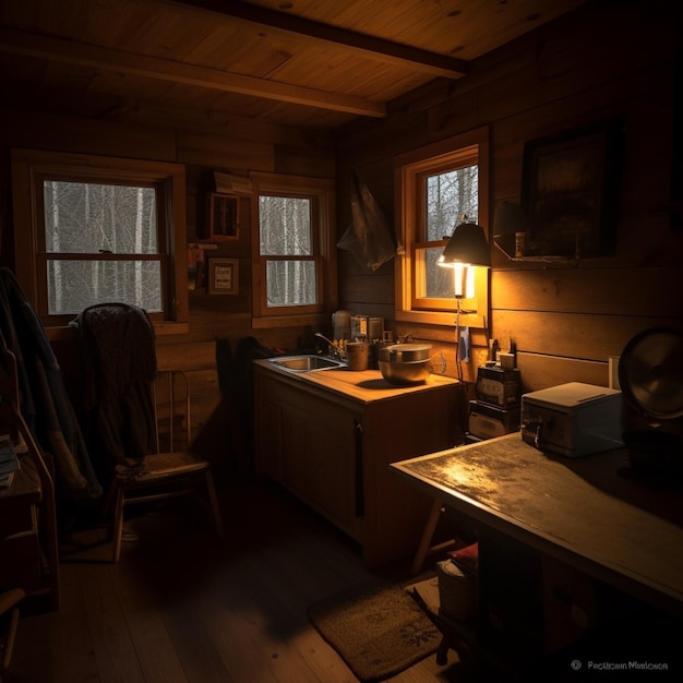 interior of a log cabin in the woods