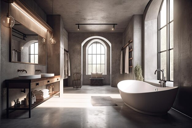 Interior of a luxurious attic bathroom in a minimalist mansion featuring a concrete floor gray walls a double sink and a big bathtub Concept of self care and relaxation Up close a mockup