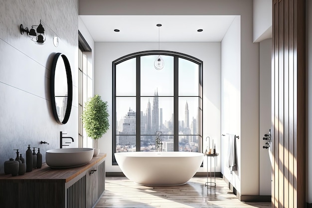 Interior of a luxurious bathroom with a wooden bathtub white walls and a dark wooden floor a stunning view of the cityscape from the windows