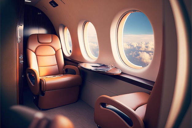 Interior of luxurious private jet with leather seats Generative Ai