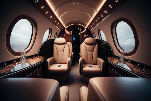 Интерьер роскошного частного самолета с кожаными сиденьями Иллюстрация AI Generative