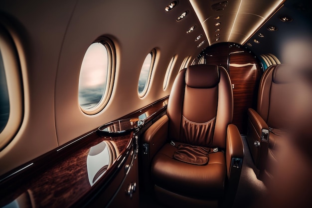 Interior of luxurious private jet with leather seats Illustration AI Generative