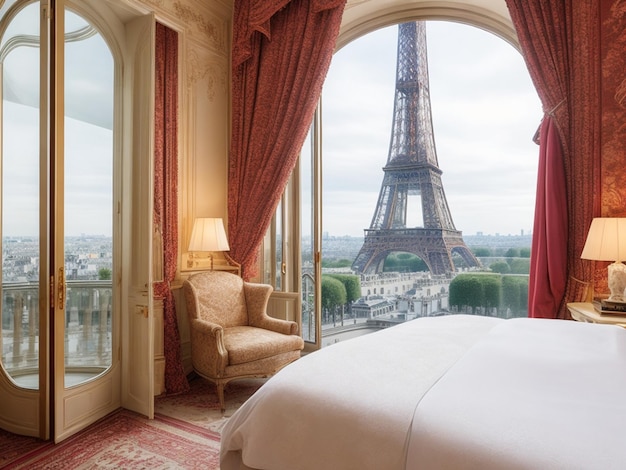 Interior of a luxurious room in an expensive hotel in Paris France The Eiffel Tower is visible