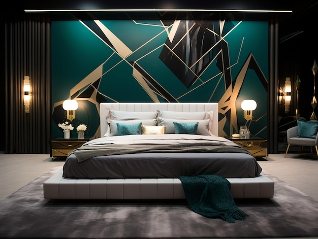 Интерьер роскошной спальни с прикроватными лампами и абстрактной картиной