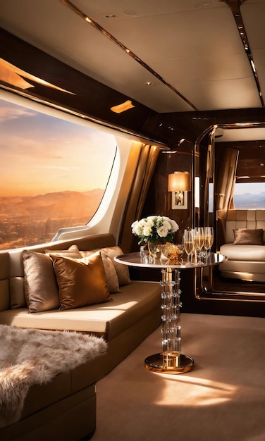 Photo interior of a luxury business jet airplane luxury travel ai generative