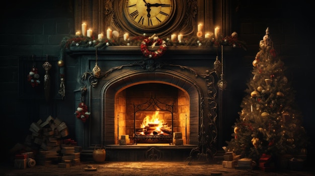 Interior of luxury classic living room with christmas decor blazing fireplace garlands and burning candles elegant christmas tree gift boxes clock christmas and new year celebration concept