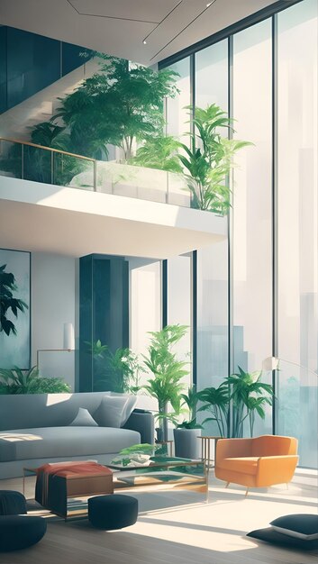 interior of luxury condominium with minimalist furniture and lush house plants and abstract wall