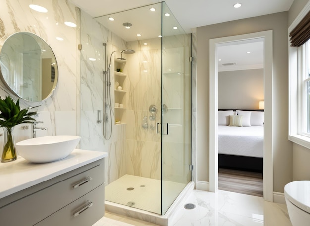 Interior of a luxury homes bathroom is bright and attractive