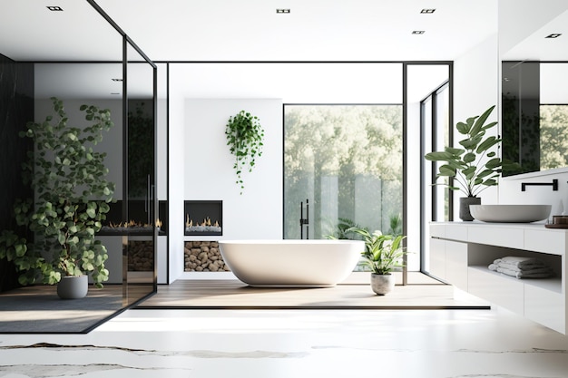 Interior of a luxury modern home bathroom with a glass bathtub shelf plant and window