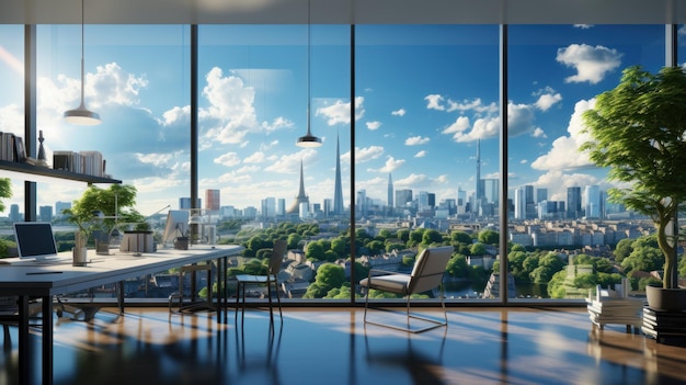 Interior of luxury open space office area in modern building Glossy floor large desk with computer office chairs huge floortoceiling windows with urban skyscrapers view Template 3D rendering