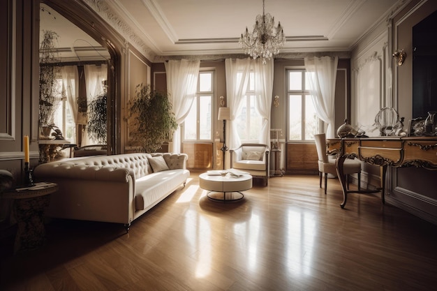 Photo interior of luxury villa in the art nouveau style with illumination from the window and backlight