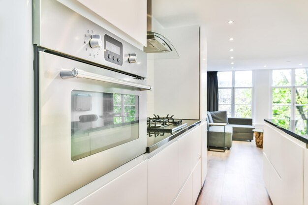 The interior of a magnificent kitchen with a black countertop