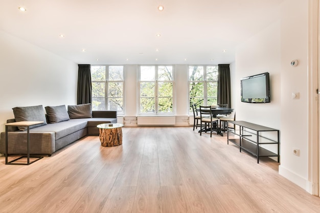 The interior of a magnificent living room with a dark sofa