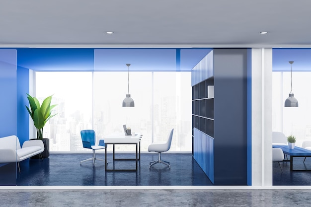 Interior of manager office with blue walls, panoramic window, white computer table with laptop, armchair, visitor chair and white sofa. Blue wooden bookcase. 3d rendering