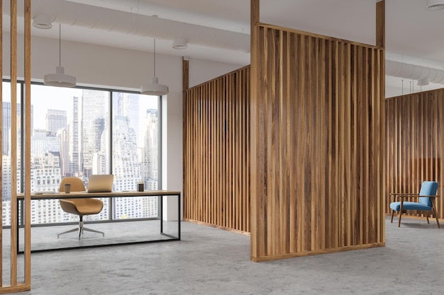 Interior of a manager s office with wooden walls, panoramic windows, a table and a yellow chair. 3d rendering mock up