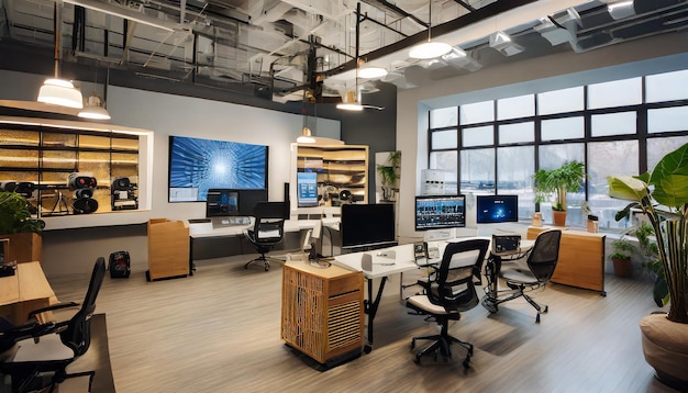 Photo interior of a media production company with editing suites sound studios and creative workspaces fac...