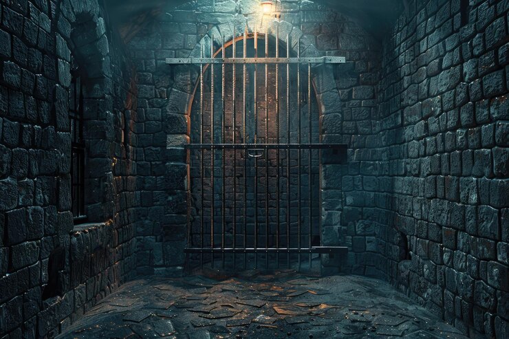 Photo interior of a medieval dungeon with stone walls