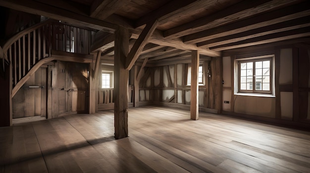 The interior of a medieval house with a wooden floor and wooden floors.