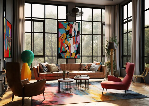 Interior of memphis style Colorful design with big windows Generative AI