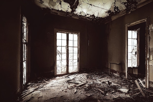 Interior of messy dirty room at old abandoned building