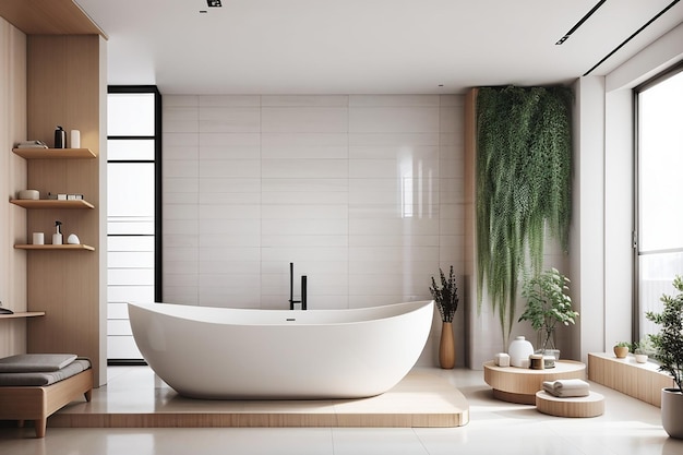 The interior minimal bathtub space and wall decoration in apartment