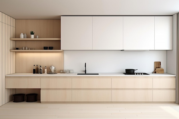 Interior of minimal modern decor style kitchen with shelves counter bar and cook zone Home dinning