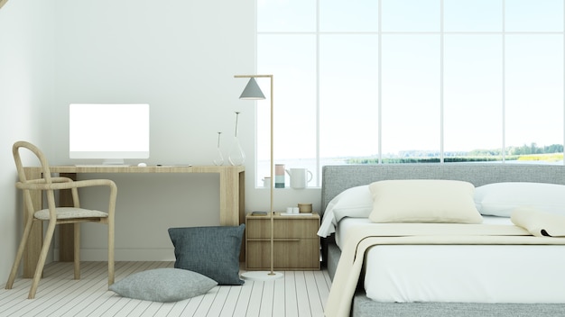 The interior minimal style hotel bedroom space 3d rendering and nature view