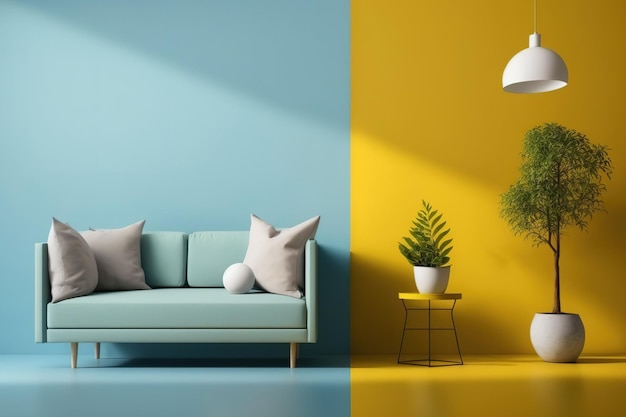 Interior of a minimalist room with a yellow sofa a white light and a plant against a blue background