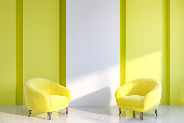 Interior of minimalistic living room with white and yellow walls, concrete floor and two yellow armchairs on wooden legs. 3d rendering