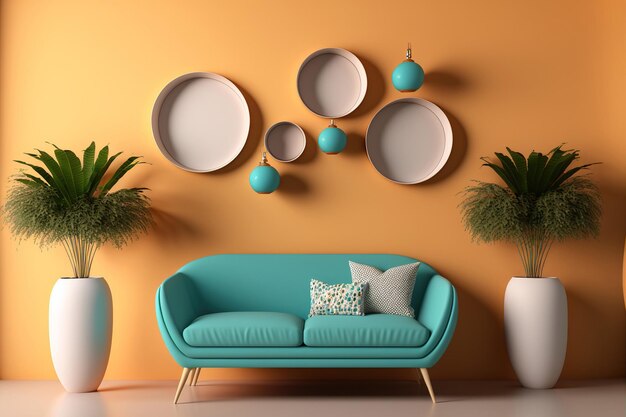 Interior mock up of a living room with contemporary furnishings and stylish home decor on a colored background