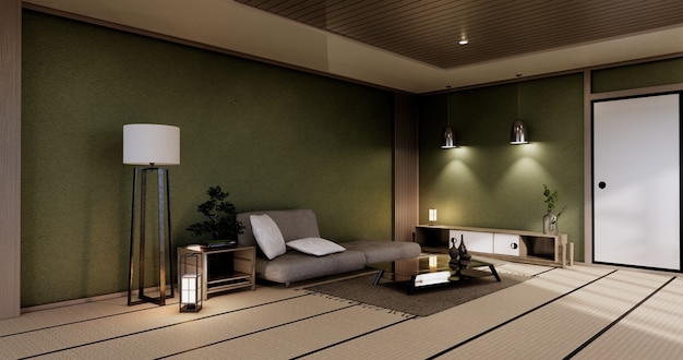 Mock up interno, soggiorno verde minimale in stile giapponese. rendering 3d